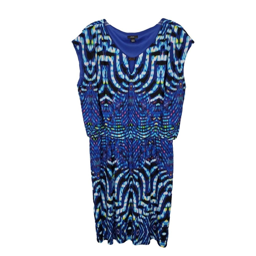R&K Size L Dress Stained Glass Blouson Sleeveless V-notch Stretch Lined Blue - Picture 2 of 7